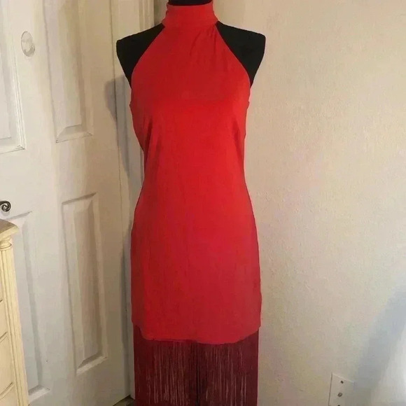 🔥💃🏻High Neck Fringe Red Party Dress💃🏻🔥Large and Small - Picture 3 of 16